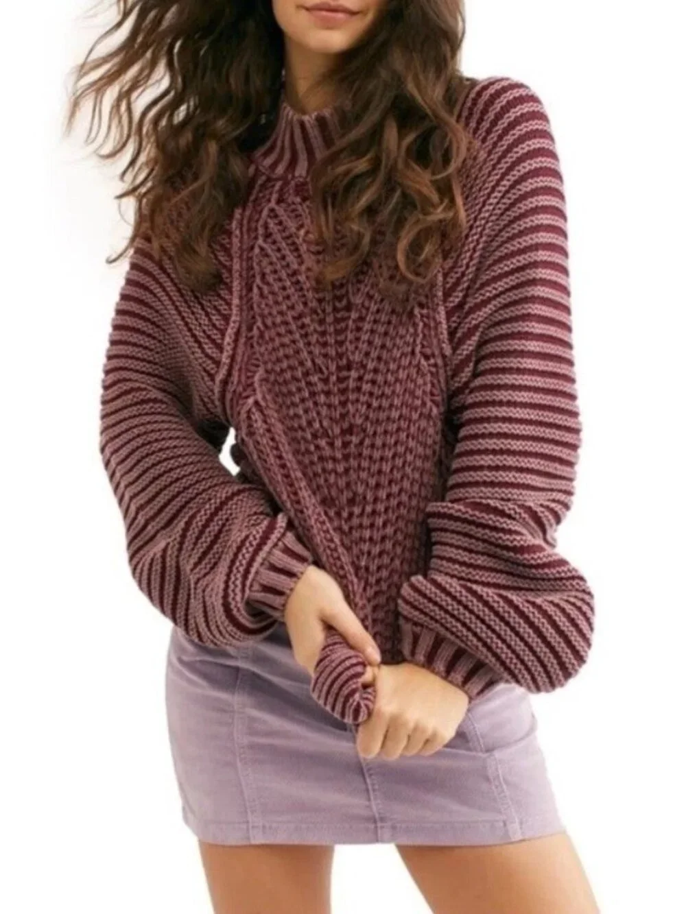 FREE PEOPLE Small Sweetheart Rib Chunky Mock Neck Sweater Garnet Grotto Autumn